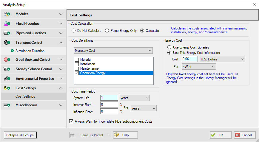 The Cost Settings window with Operation/Energy Costs defined.